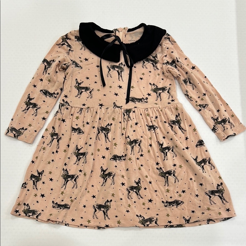 Kids' Pink Deer Print Dress with Black Collar